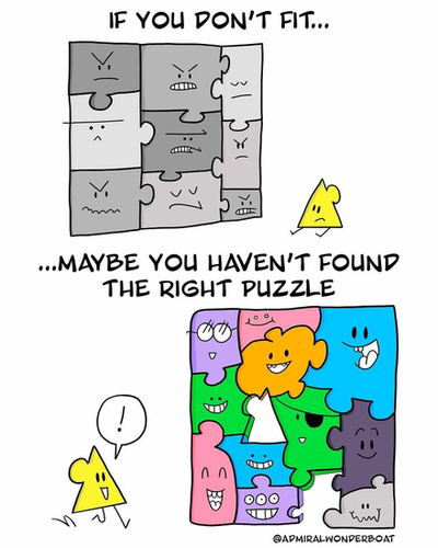 A sad little puzzle piece is looking at a puzzle with no room for him. The text says "If you don't fit... Maybe you haven't found the right puzzle." Then the piece joins a puzzle that is full of friendly pieces with lots of room